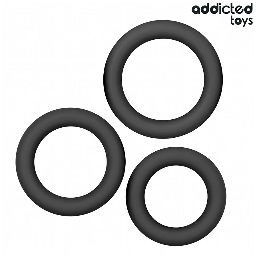 Anneaux péniens en silicone noir, trois tailles, stimulation intense, prolongation plaisir, Addicted Toys.