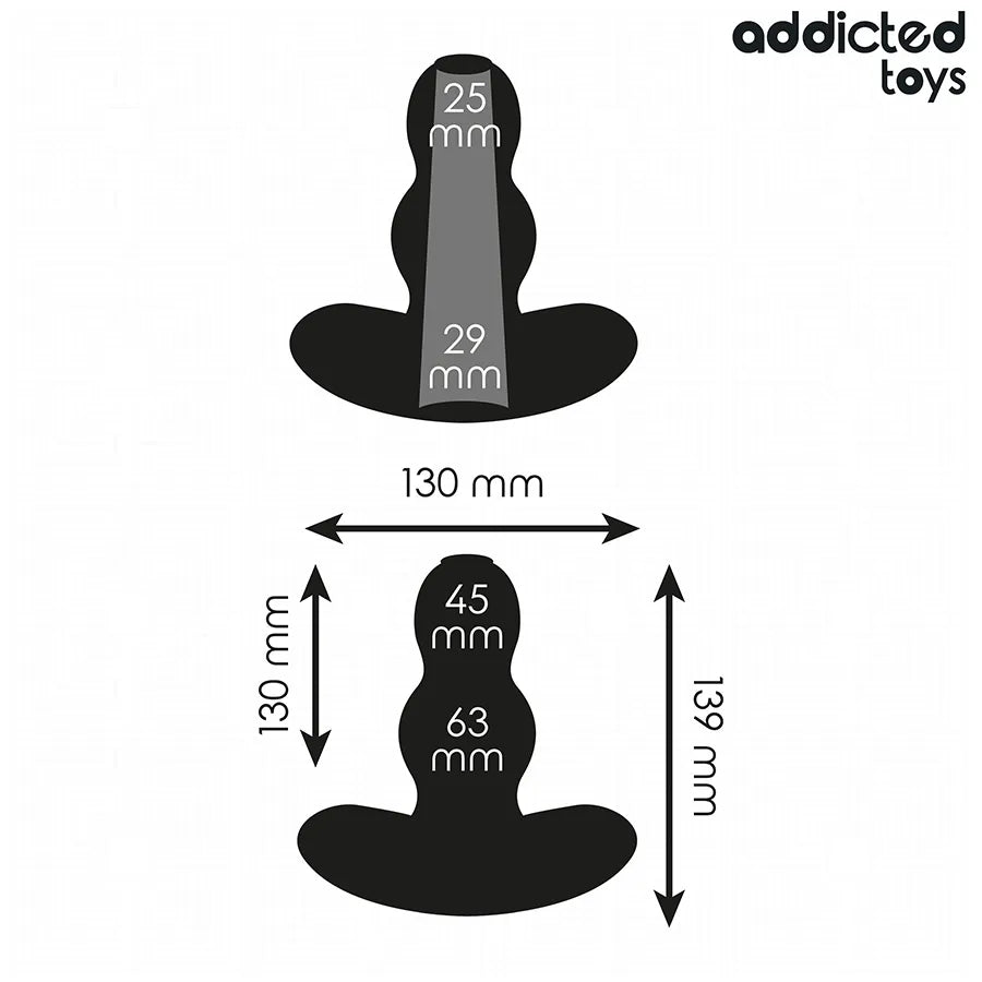 Plug anal creux Addicted Toys XL noir, design ergonomique, dimensions 13,9 cm, structure creuse pour confort et polyvalence.