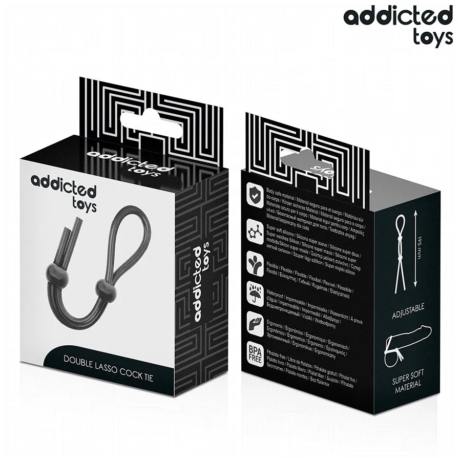 Corde pénis silicone noire double boucle ajustable, emballage Addicted Toys, stimulation précise et confort optimal.