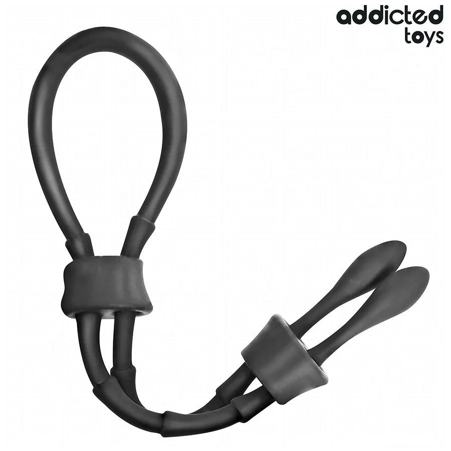 Corde pénis noire en silicone réglable avec balle intégrée pour stimulation intense et confort personnalisé.