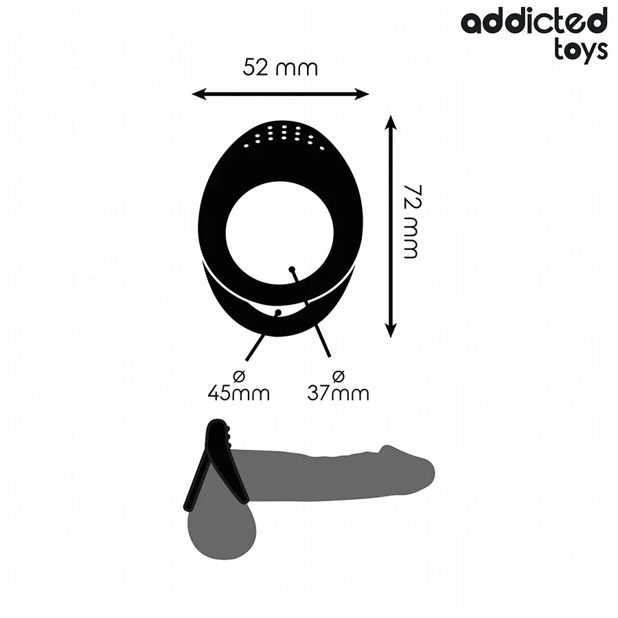 Anneau pénien texturé noir, double stimulation, silicone, dimensions 52x72mm, design ergonomique Addicted Toys.
