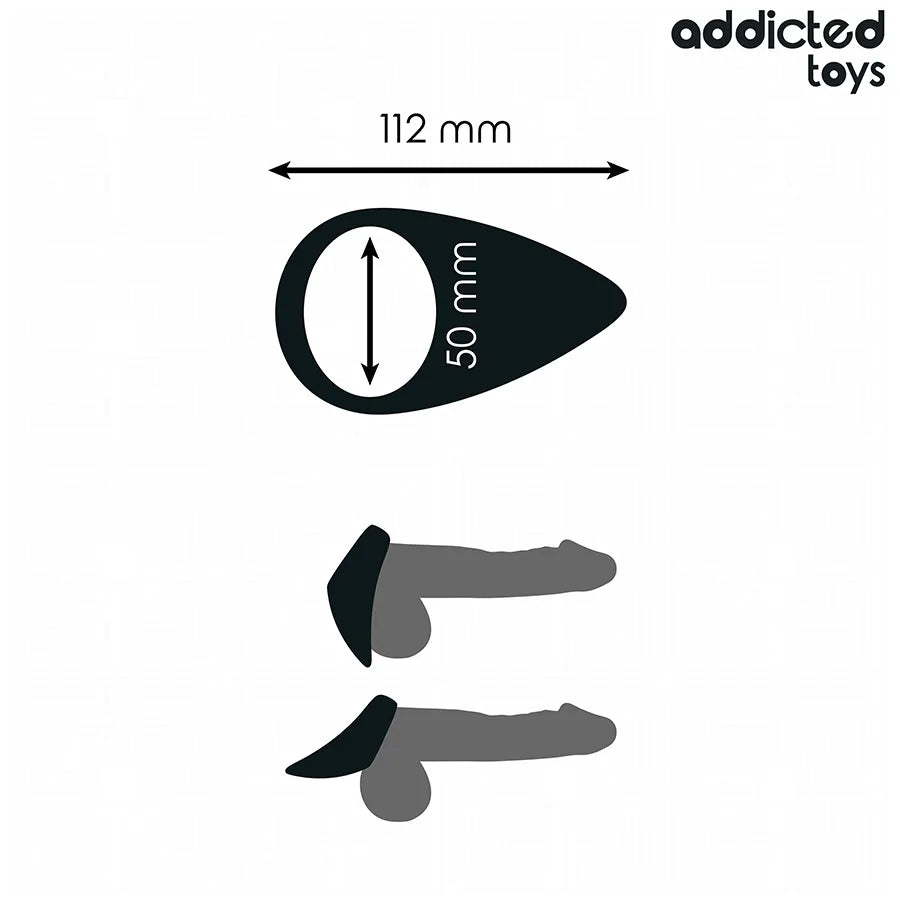 Anneau pénien ergonomique noir en forme de larme, dimensions 112x50 mm, pour stimulation prolongée et confort optimal.