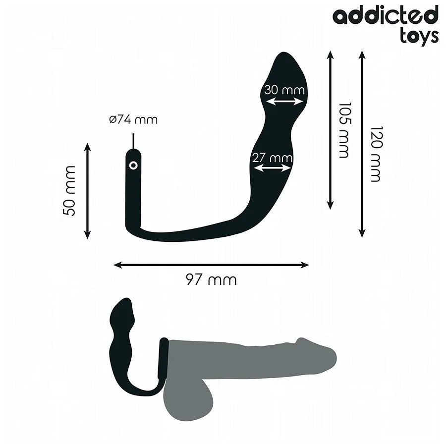 Plug anal noir avec anneau testiculaire, design ergonomique, dimensions détaillées, Addicted Toys.