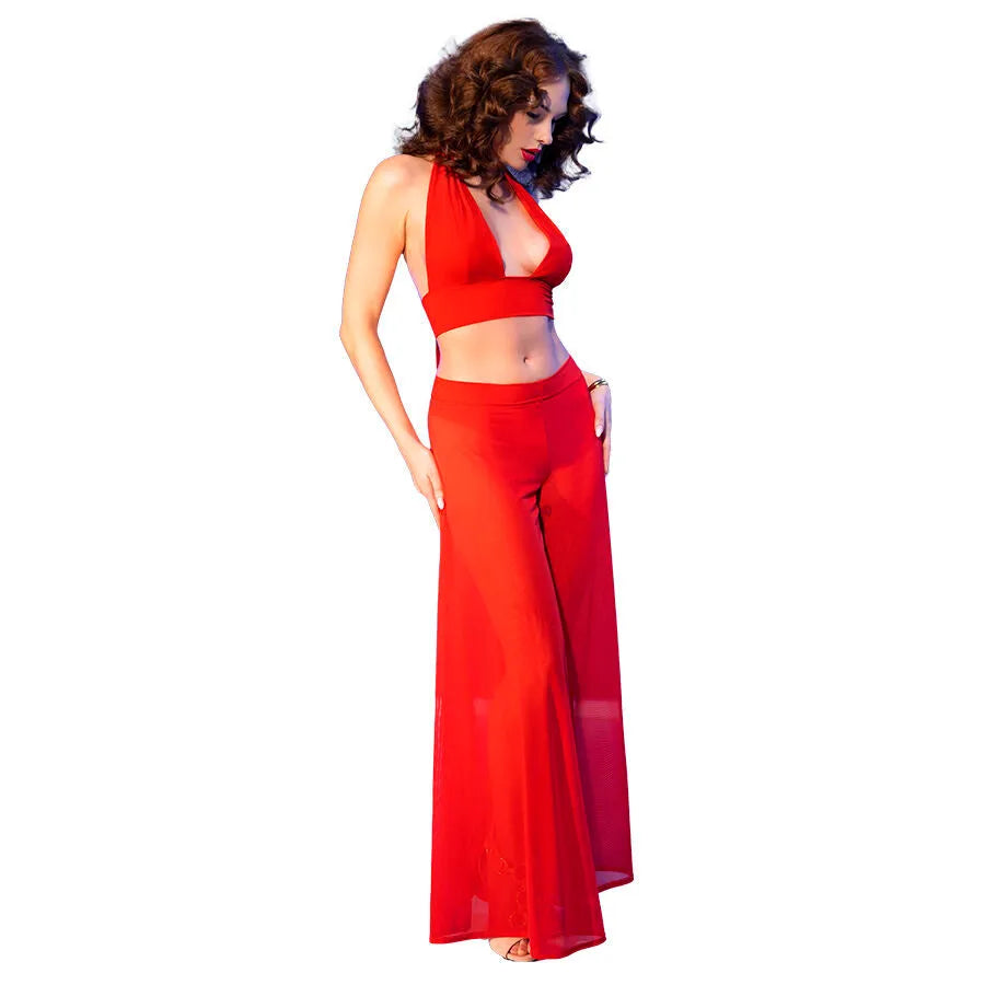 Ensemble rouge CHILIROSE CR4857, haut nouable et pantalon large transparent, élégant et sensuel, tissu léger.