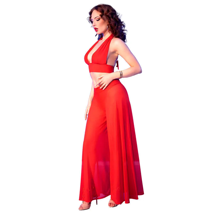 Ensemble rouge CHILIROSE CR4857, haut nouable et pantalon large transparent, élégant et sensuel, tissu léger.