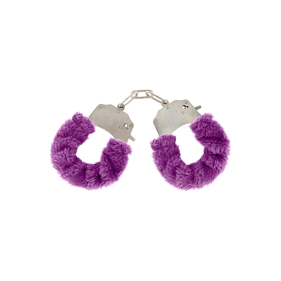 Menottes en peluche violette, design festif, accessoires intimes du coffret cadeau érotique ToyJoy Super Sex Bomb.