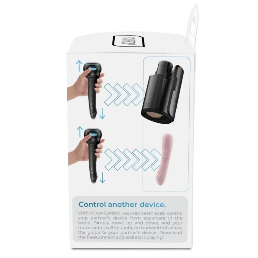 Adaptateur Kiiroo noir ergonomique pour godes sous vide, connectivité sécurisée, réglage intuitif, emballage blanc.