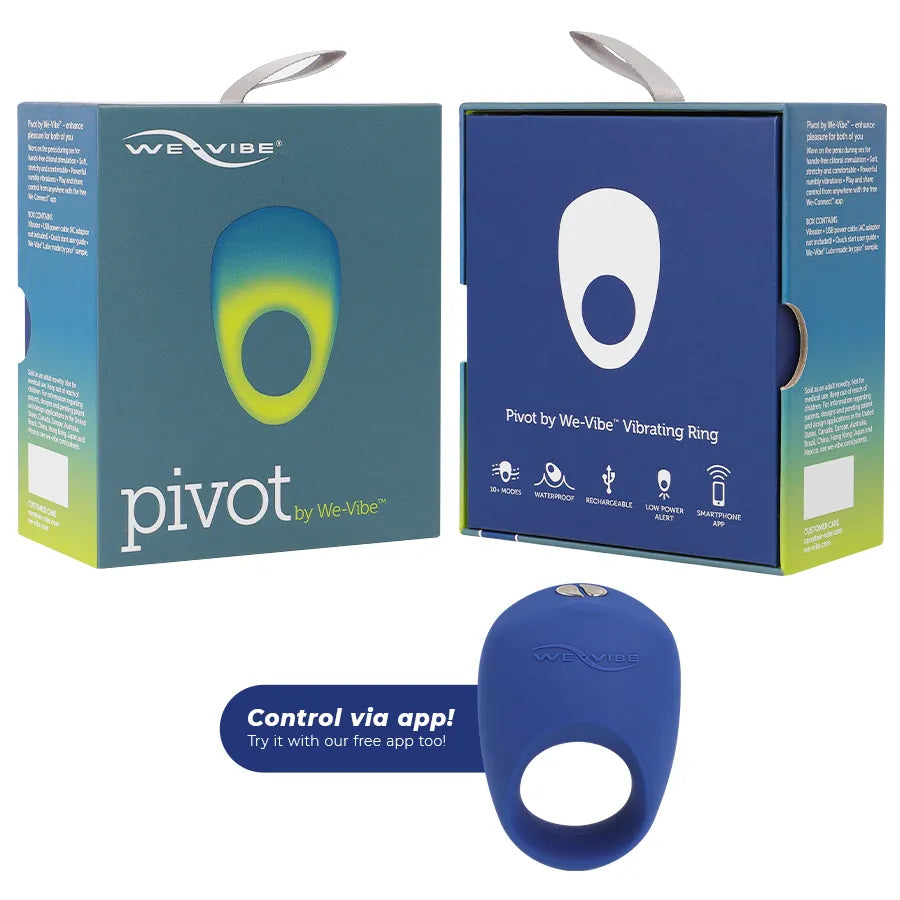 Anneau vibrant bleu We-Vibe Pivot en silicone, design ergonomique, rechargeable, étanche, avec boîte et contrôle via app.