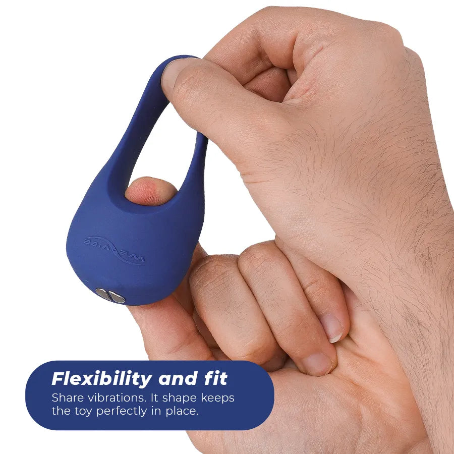 Anneau vibrant bleu en silicone, ergonomique, rechargeable, pour stimulation clitoridienne, avec 10 modes de vibration.