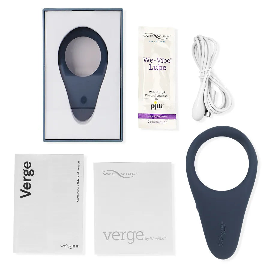 Anneau vibrant bleu Verge ergonomique, étanche, avec câble USB, lubrifiant et manuel, pour stimulation périnée intense.