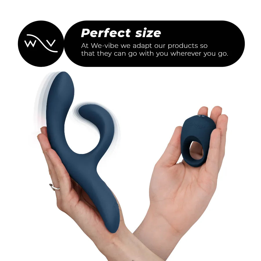 Vibromasseur bleu foncé et anneau pénien en silicone, design ergonomique, tenus en main, rechargeables, contrôle par appli...