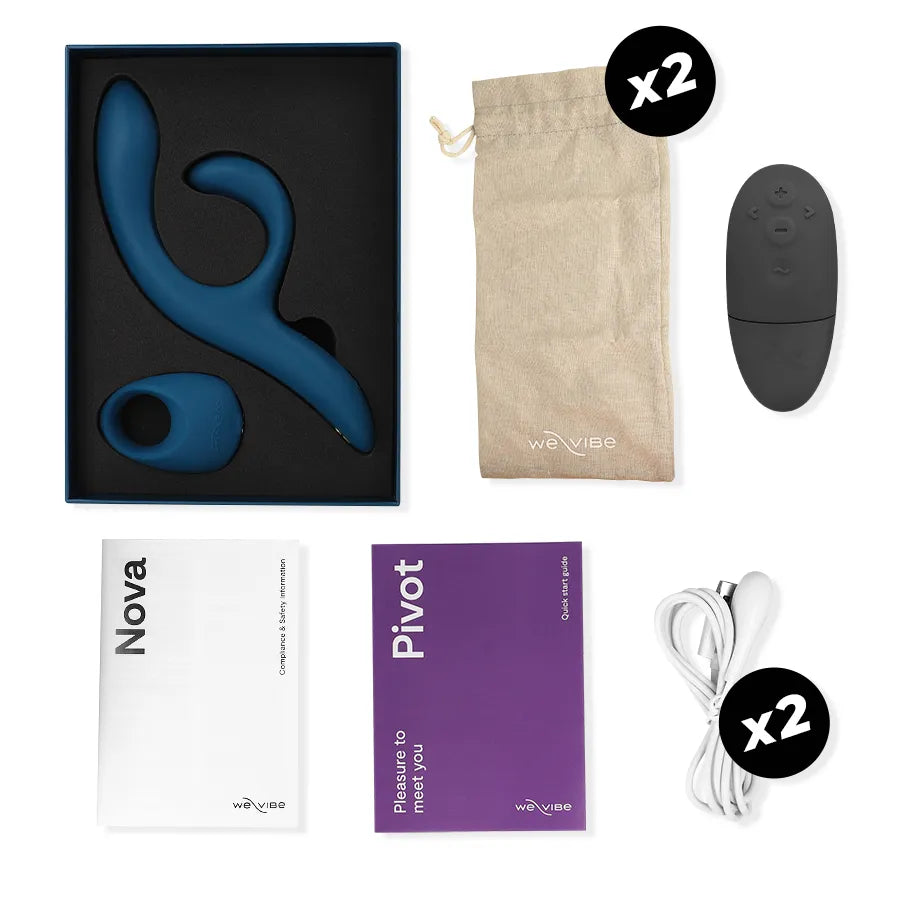 Ensemble vibromasseur Nova 2 et anneau pénien bleu avec télécommande, câbles USB et guides, dans une boîte élégante.