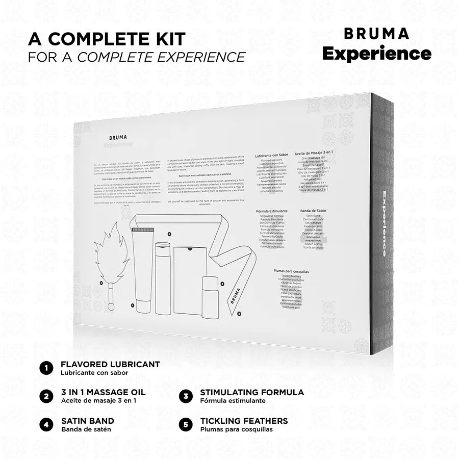 Coffret BRUMA intime avec gel lubrifiant, huile chaude, plume coquine, bandeau satin, boîte élégante blanche et noire.