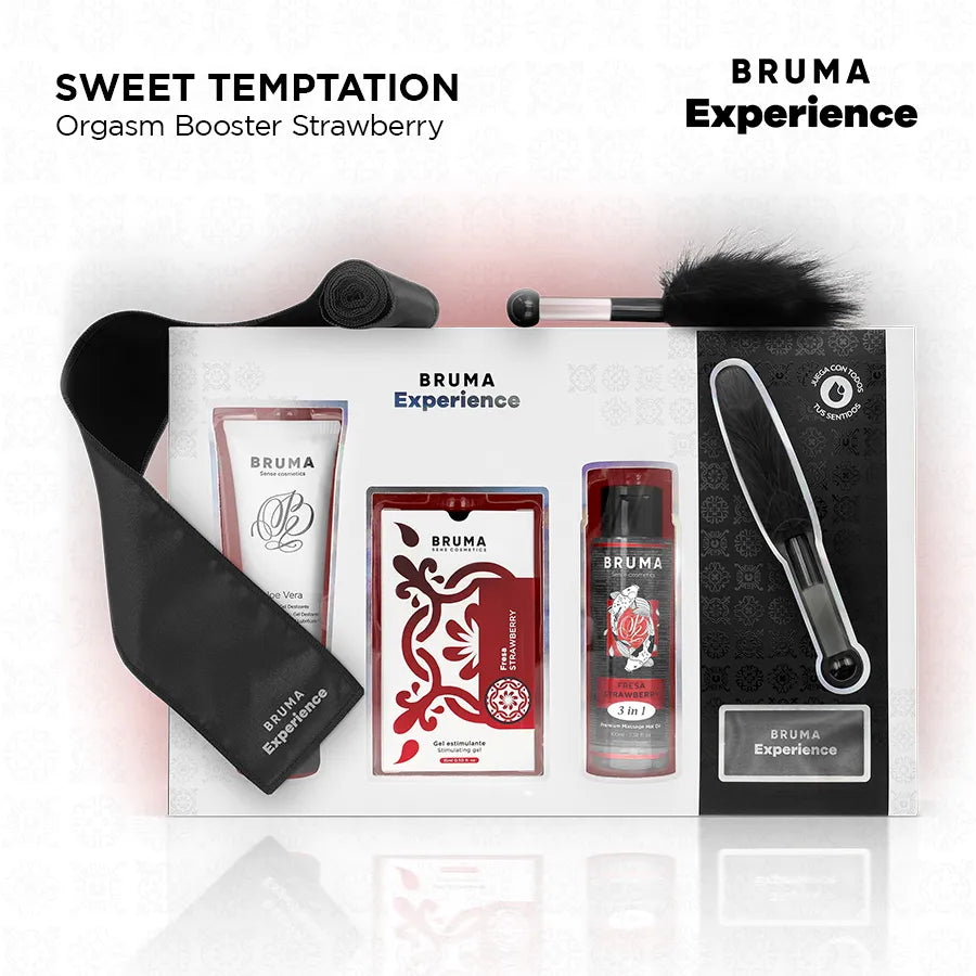 Coffret BRUMA: gel lubrifiant fraise, huile, plume et bandeau satin noir pour massage intime et sensuel.