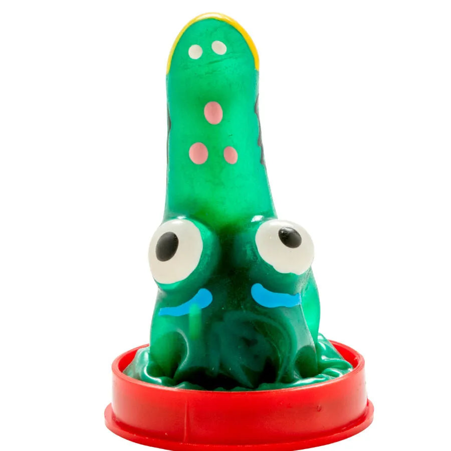 Préservatif fantaisie crocodile vert peint à la main, détails colorés, style bohème, unique et artisanal.