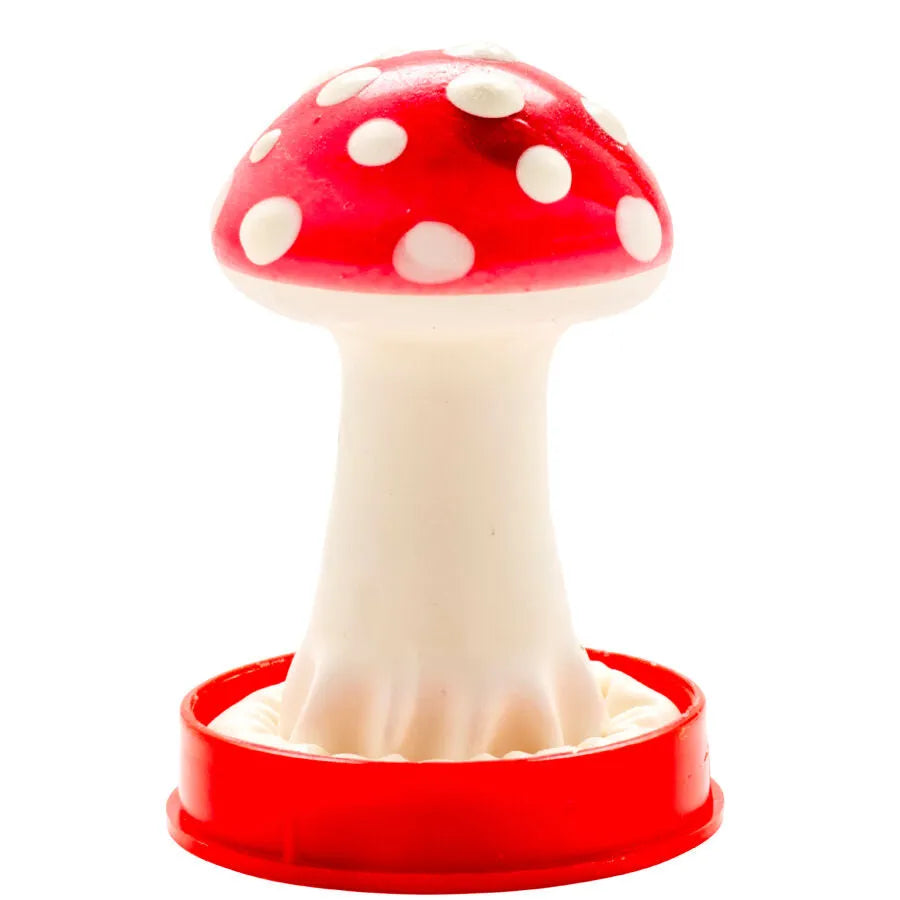 Préservatif fantaisie peint main, forme champignon rouge à pois blancs, style bohème Amsterdam, unique et artisanal.