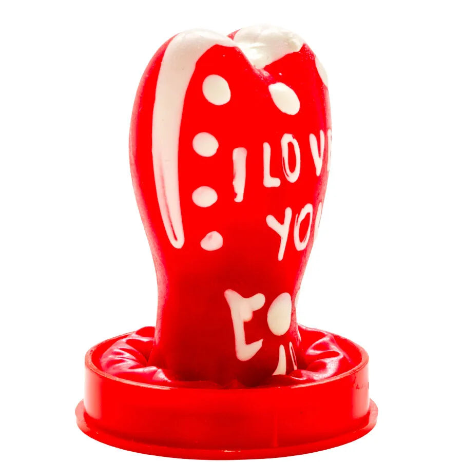 Préservatif fantaisie rouge en forme de cœur, peint à la main, texte Je t'aime, style bohème, cadeau unique.