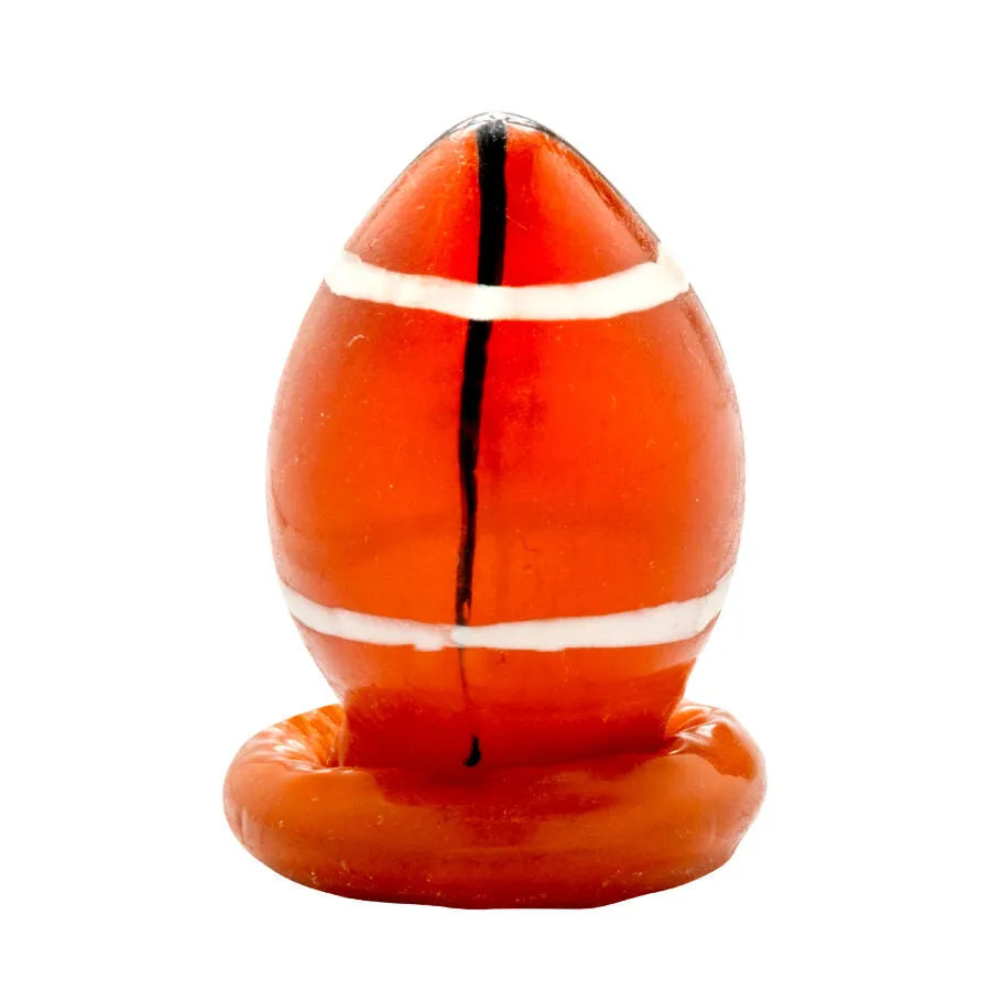 Préservatif fantaisie peint à la main en forme de ballon de rugby, orange avec rayures blanches, style bohème Amsterdam.