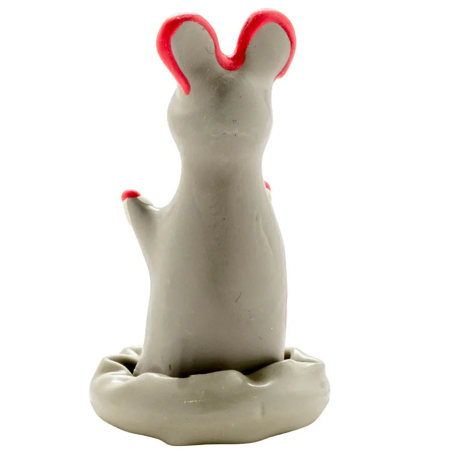 Préservatif fantaisie gris en forme de souris avec oreilles rouges, peint à la main, style bohème d'Amsterdam.