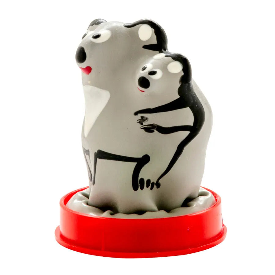Préservatif fantaisie peint à la main, motif koala, gris et noir, sur socle rouge, style bohème Amsterdam.