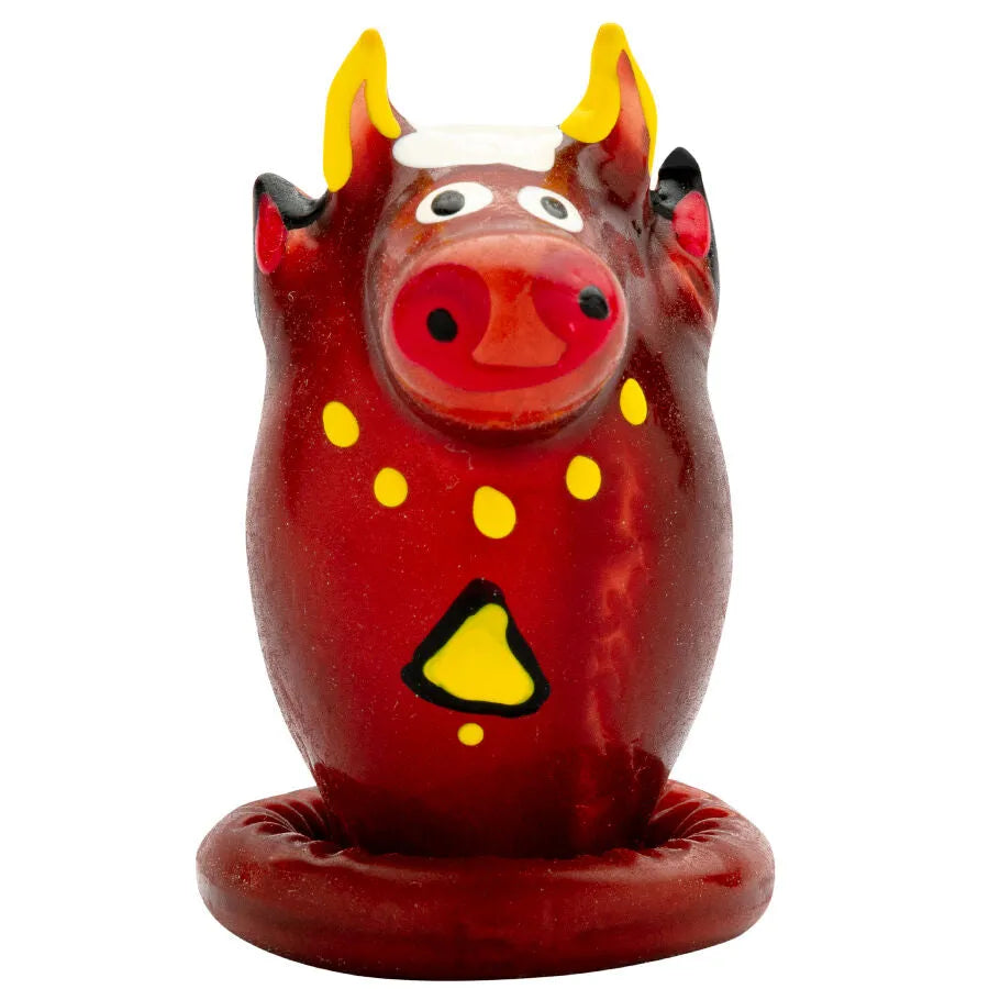 Préservatif fantaisie peint à la main, modèle taureau rouge avec motifs jaunes, style bohème unique, cadeau érotique.