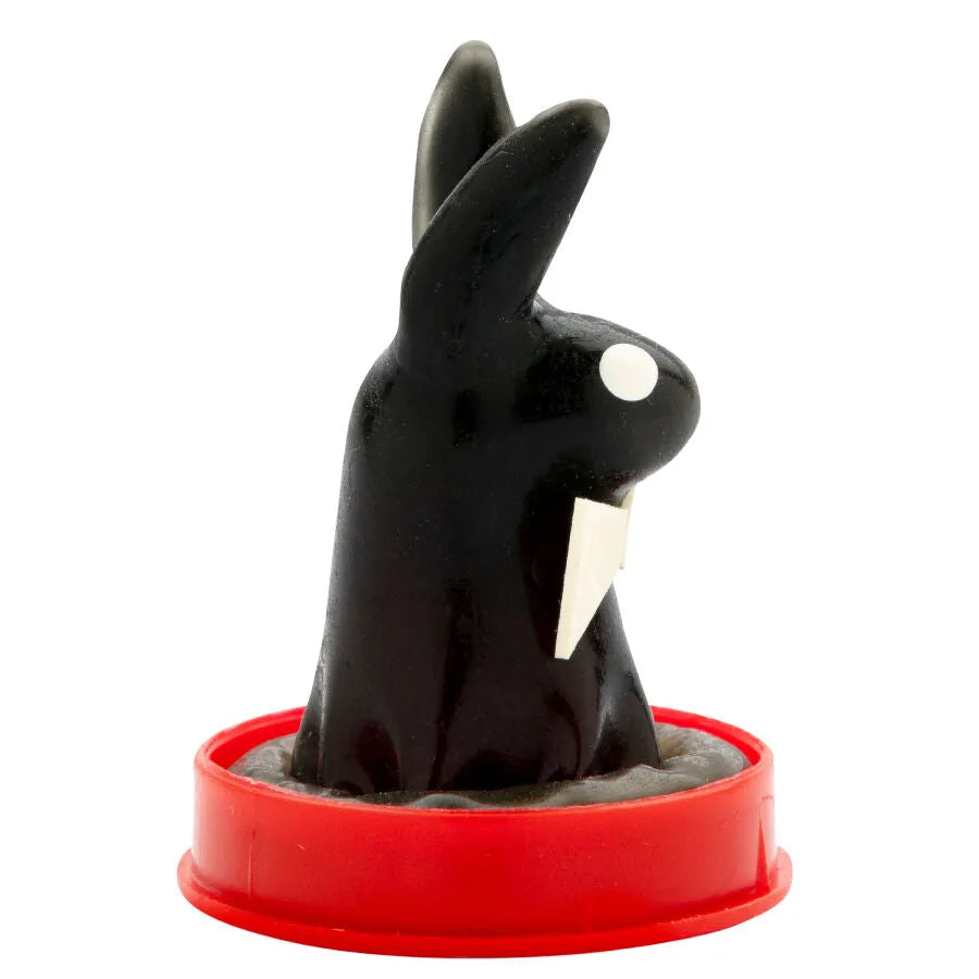 Préservatif fantaisie noir peint à la main, forme de lapin, détails blancs, base rouge, style bohème Amsterdam.