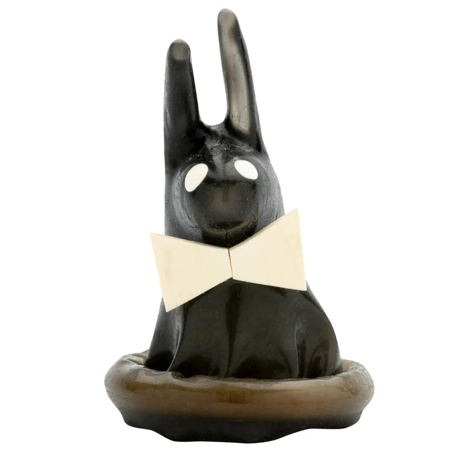 Préservatif fantaisie peint à la main, motif lapin noir avec nœud papillon blanc, style bohème d'Amsterdam.