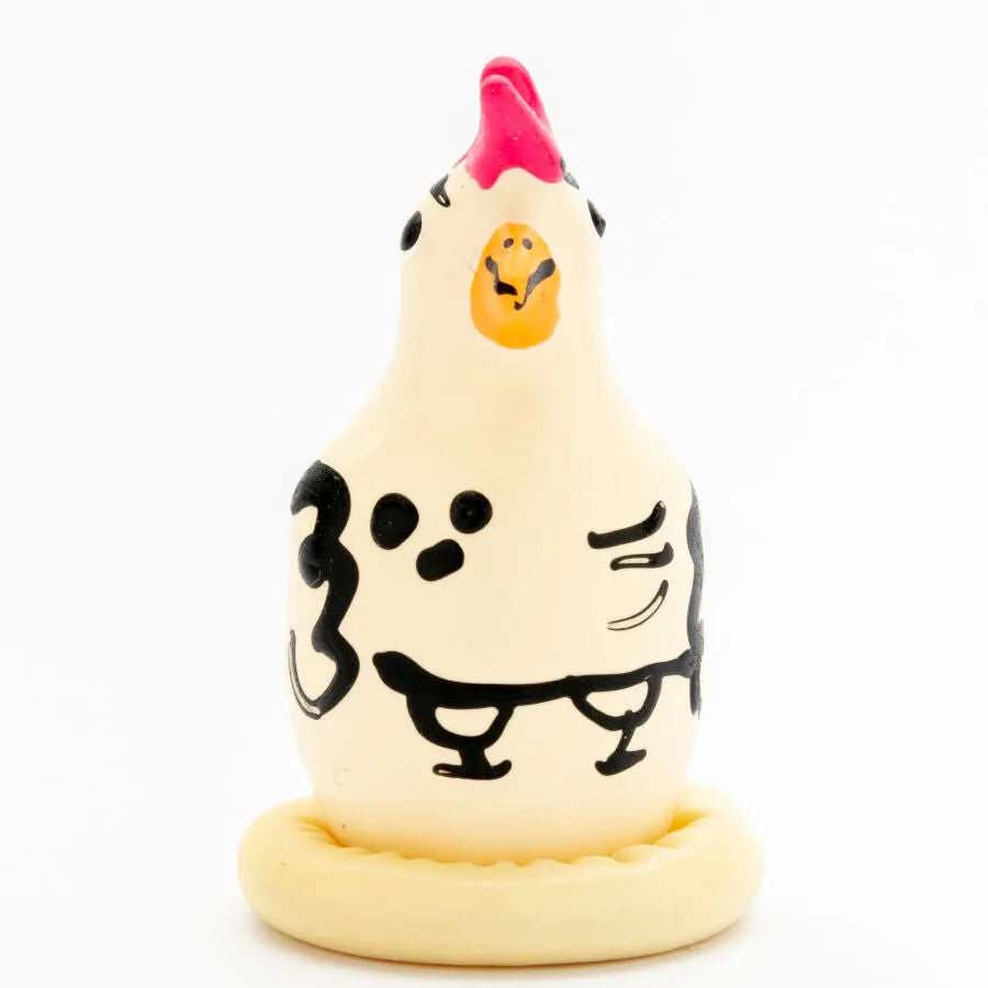 Préservatif fantaisie peint à la main en forme de coq, couleurs vives, style bohème, artisanat unique d'Amsterdam.