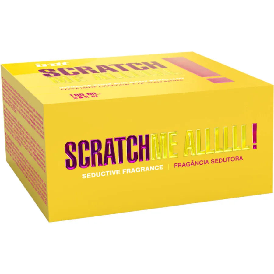 Boîte jaune du Gel Exfoliant Intime et Corps Scratch Me All, 100ml, design élégant, texte violet et doré.