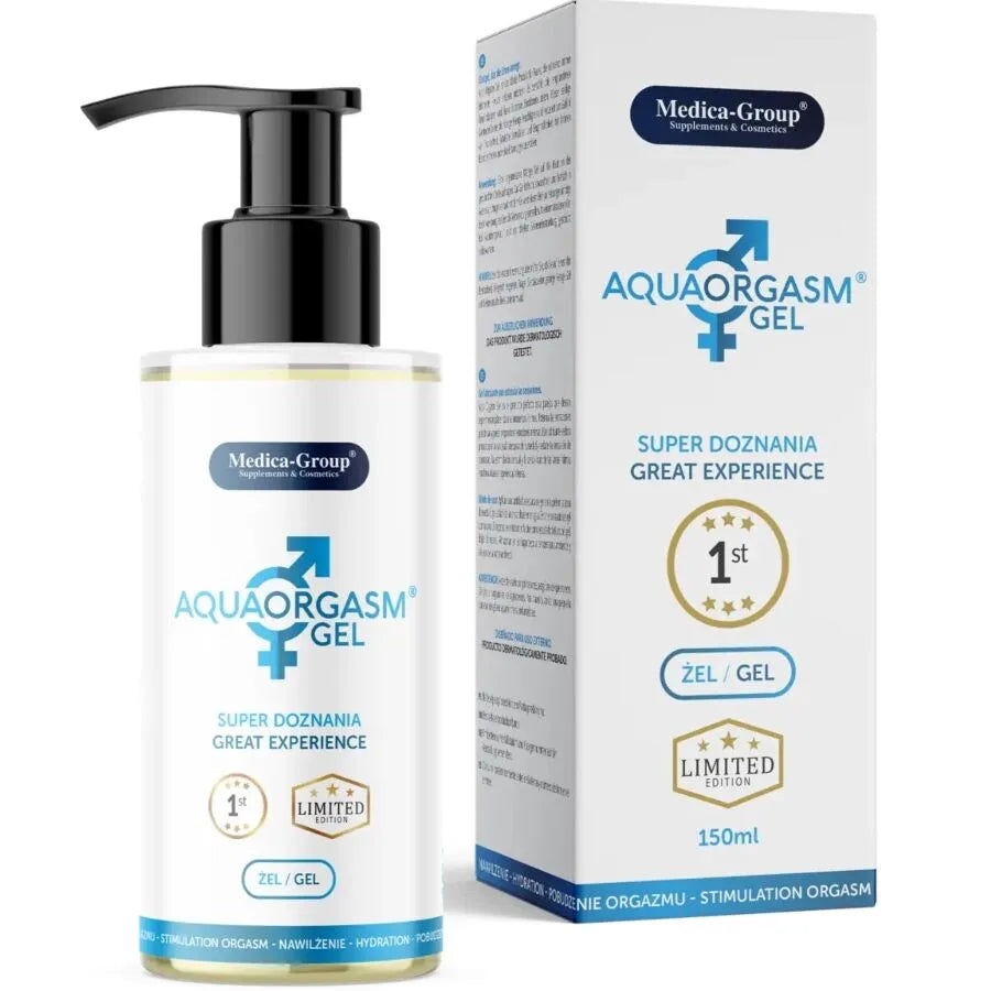 Flacon de gel intime Aqua Orgasm 150ml, design élégant, pompe noire, boîte blanche, hydratation et confort intimes.