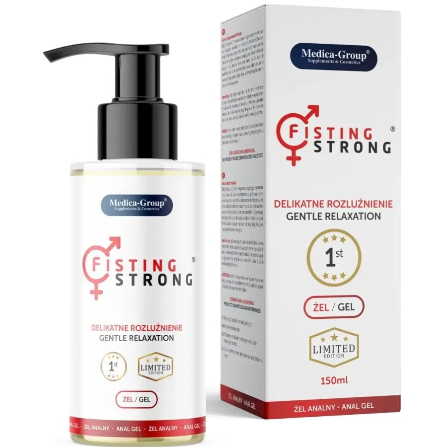 Flacon de gel intime anal Fisting Strong 150ml Medica Group, pompe noire, emballage blanc avec texte et logo rouges.