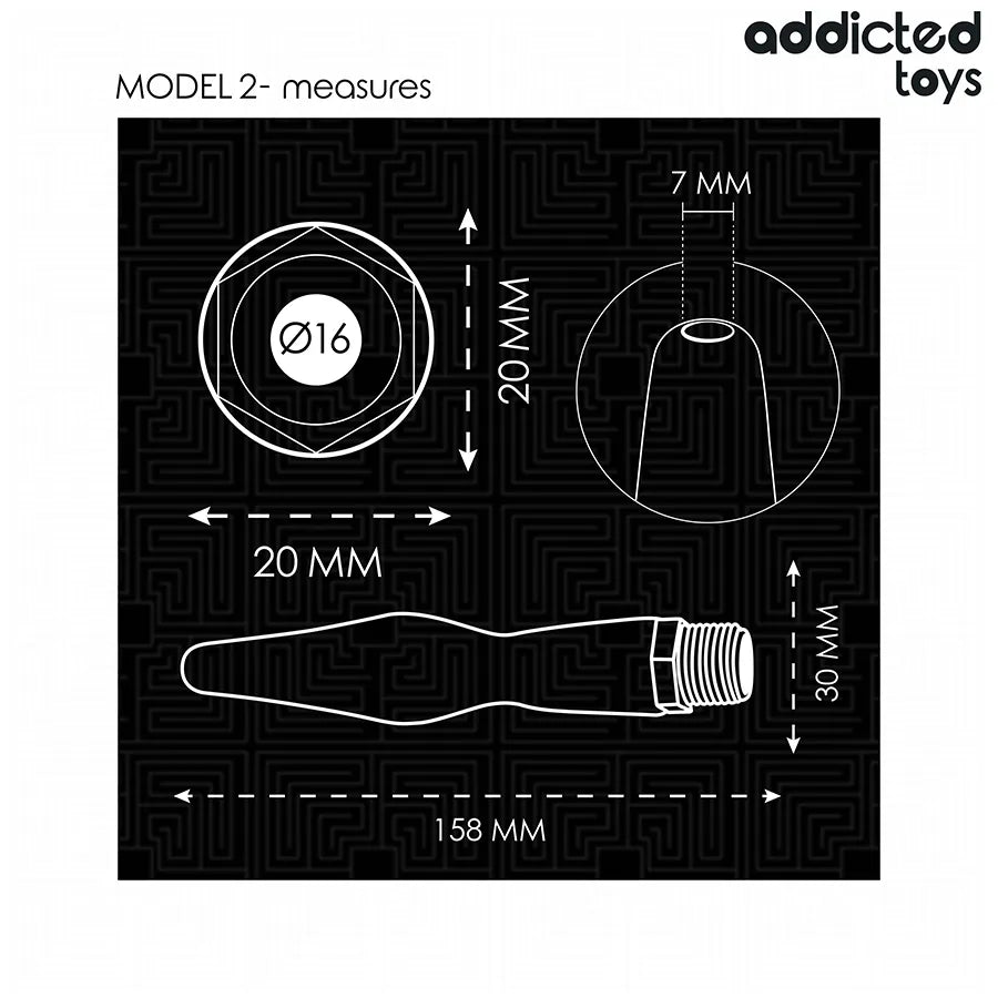 Nettoyeur anal Addicted Toys Modèle 2, PVC souple, forme ergonomique, adaptateur universel, couleur noire, dimensions visi...