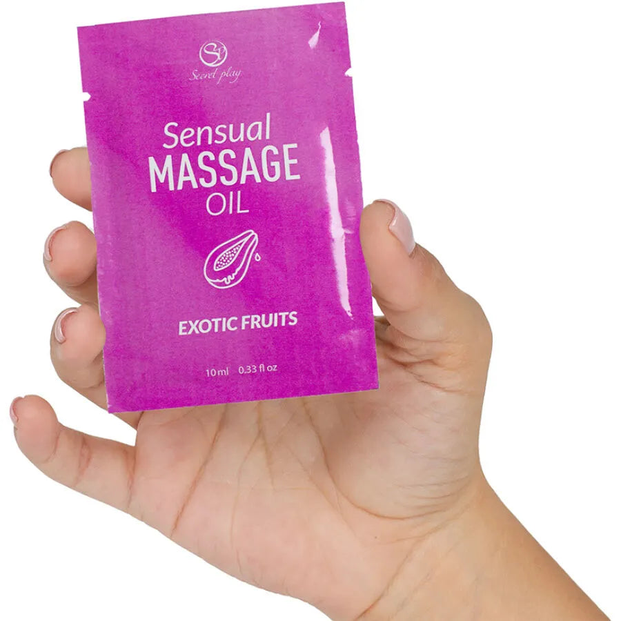 huile massage monodose fruits exotiques parfumée onctueuse glissante sensuelle romantique relaxante pratique discrète hygiénique format compact