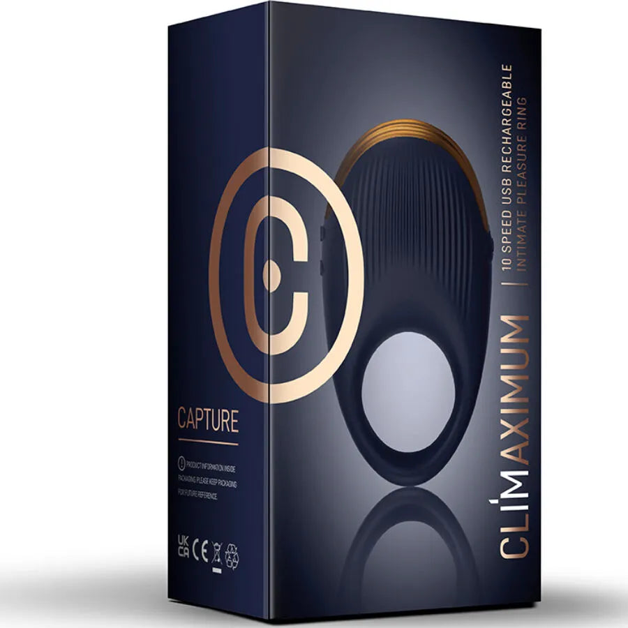Anneau vibrant Climaximum noir en silicone, strié, rechargeable, 10 vitesses, emballage élégant.
