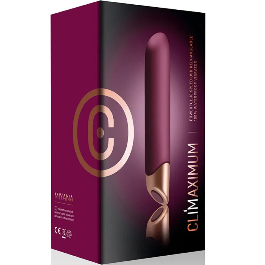 Vibromasseur Climaximum Miyana, couleur prune et or, forme conique, 10 vitesses, emballage élégant et moderne.
