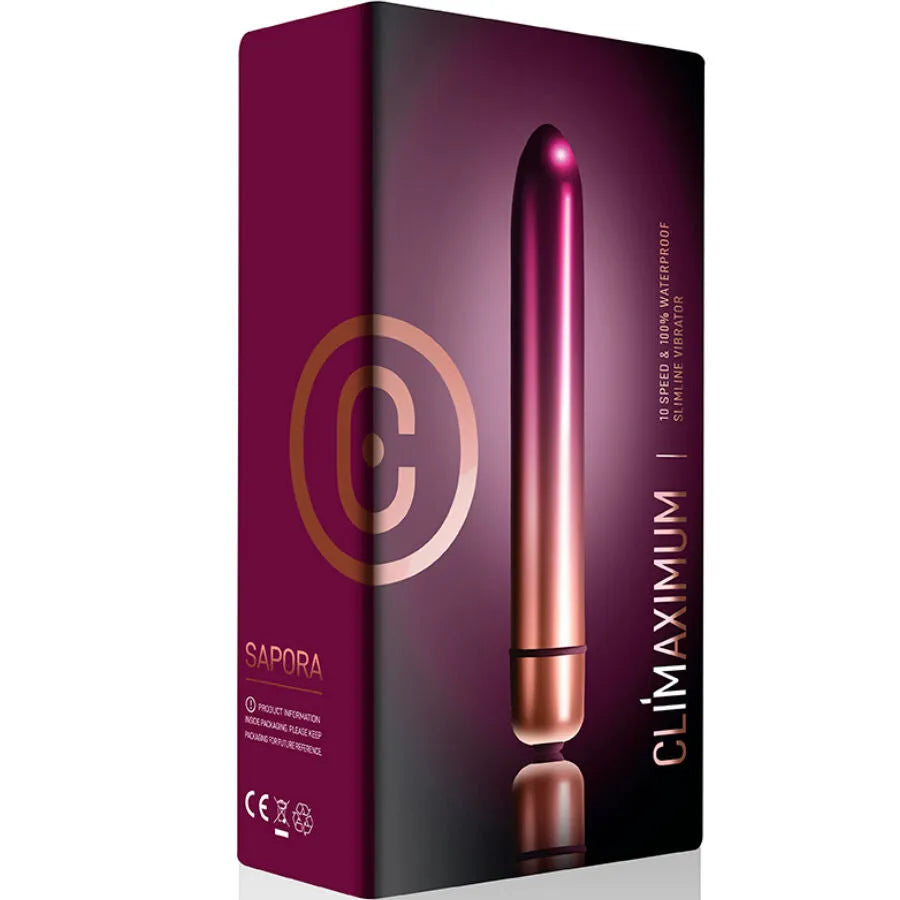 Vibromasseur Sepora Climaximum, design élégant, couleur rose métallisé, compact, 10 vitesses, étanche IPX7.