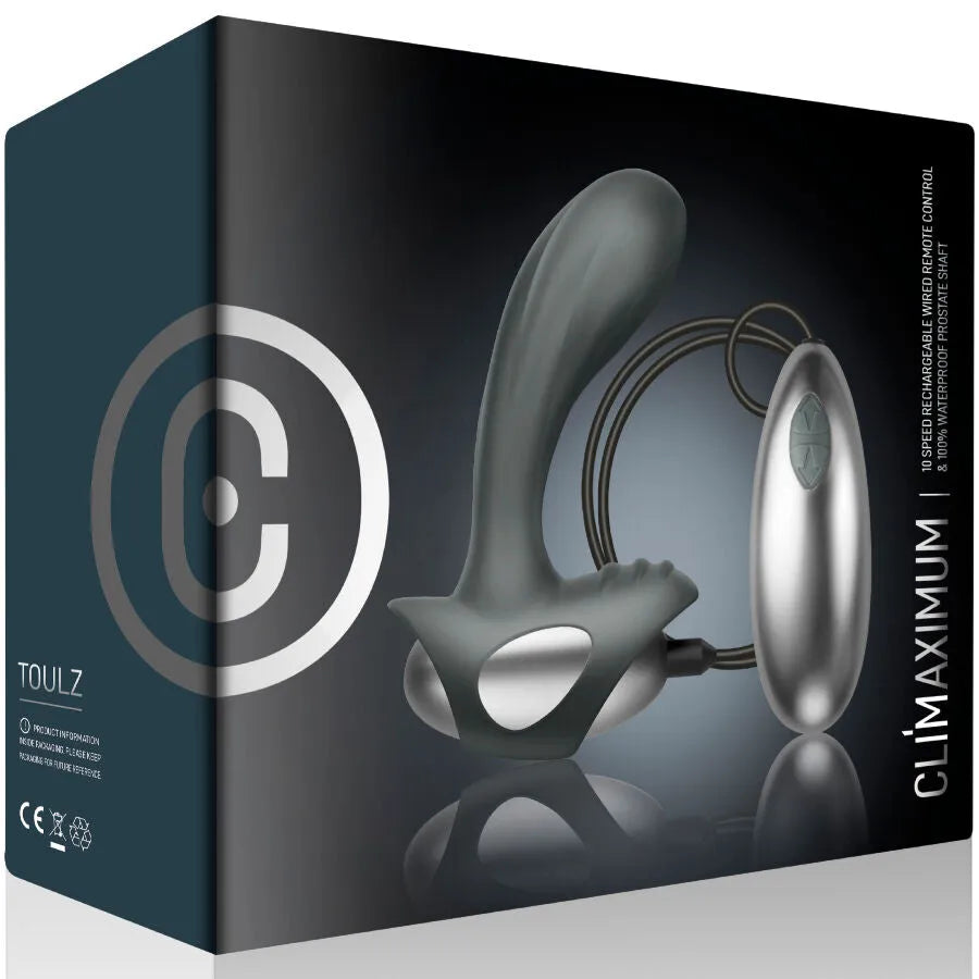 Masseur de prostate filaire Toulz noir, design spiralé, 10 vitesses, base évasée, télécommande incluse, plaisir optimal.