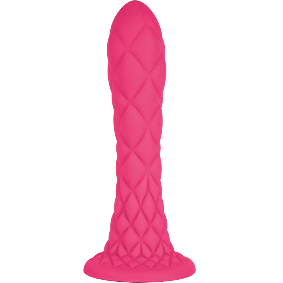 Sextoy silicone thermoreactif Dreamy Dildo Fantasy Silex D, 18,5 cm, fuchsia, base évasée, texture losange, matériau hypoallergénique, sextoys pour femme couple
