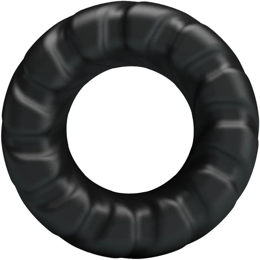 Anneau pénien noir en silicone texturé, design circulaire ondulé, hypoallergénique, pour confort et durabilité.