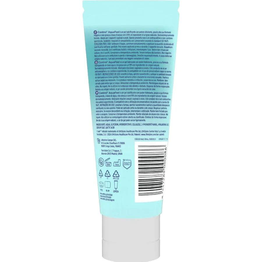 Gel lubrifiant Aqua Feel Control 80ml, tube bleu, acide hyaluronique, hydratant, ingrédients naturels, intimité confortable.