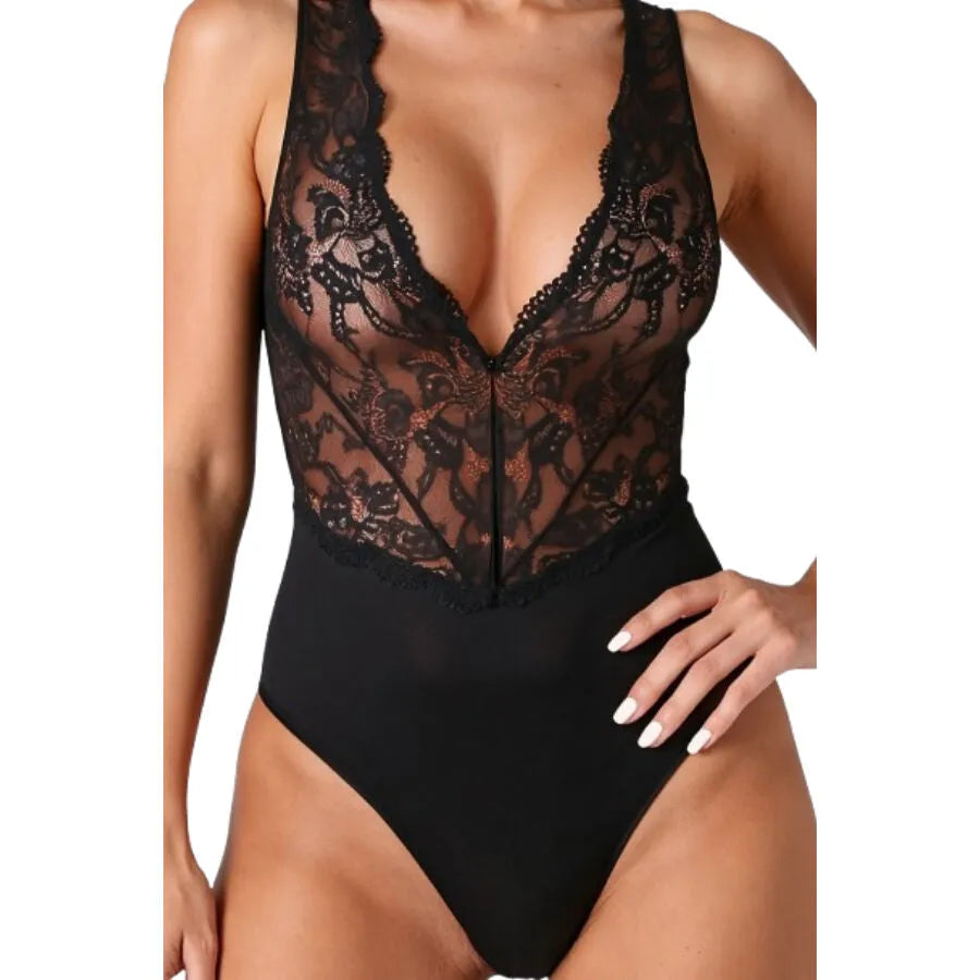 Body noir élégant en dentelle délicate avec décolleté en V profond, empiècements transparents et tissu extensible.
