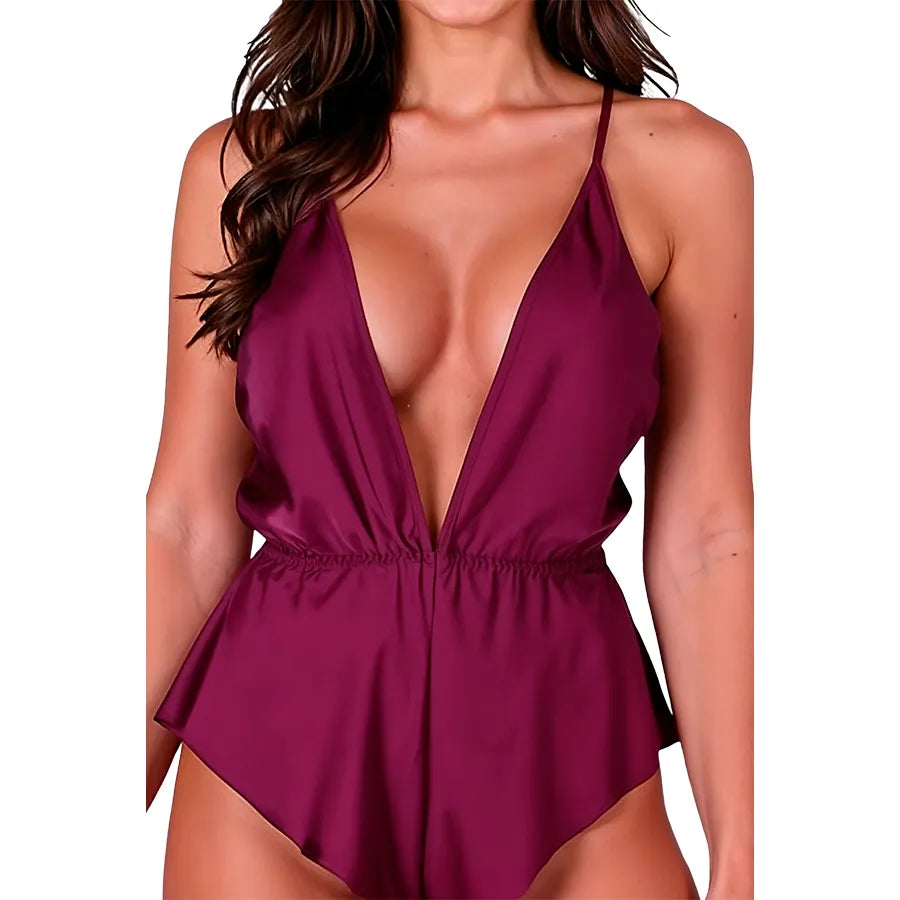 Body prune satiné SENSIE pour femme, décolleté en V profond, dos nu, taille élastique, lingerie élégante et sensuelle.