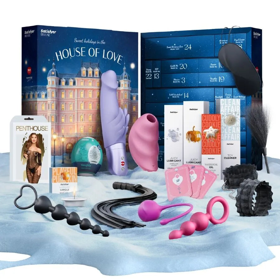 Calendrier de l'Avent érotique Satisfyer Deluxe 2025 avec sextoys, lingerie, accessoires sensuels sur fond festif.
