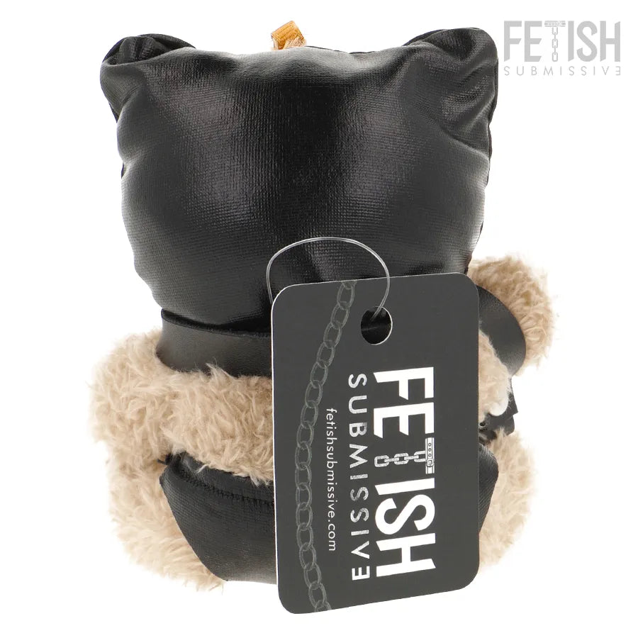 Ours en peluche Momo BDSM noir et beige, cuir synthétique, étiquette Fetish Submissive, design audacieux et unique.