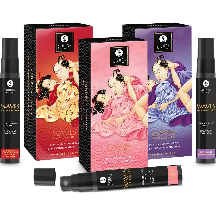 Shunga Waves Pleasure Spray Oral Seductive Fraise Élégance Design Artiste Sexe Intime Spray 20 Ml