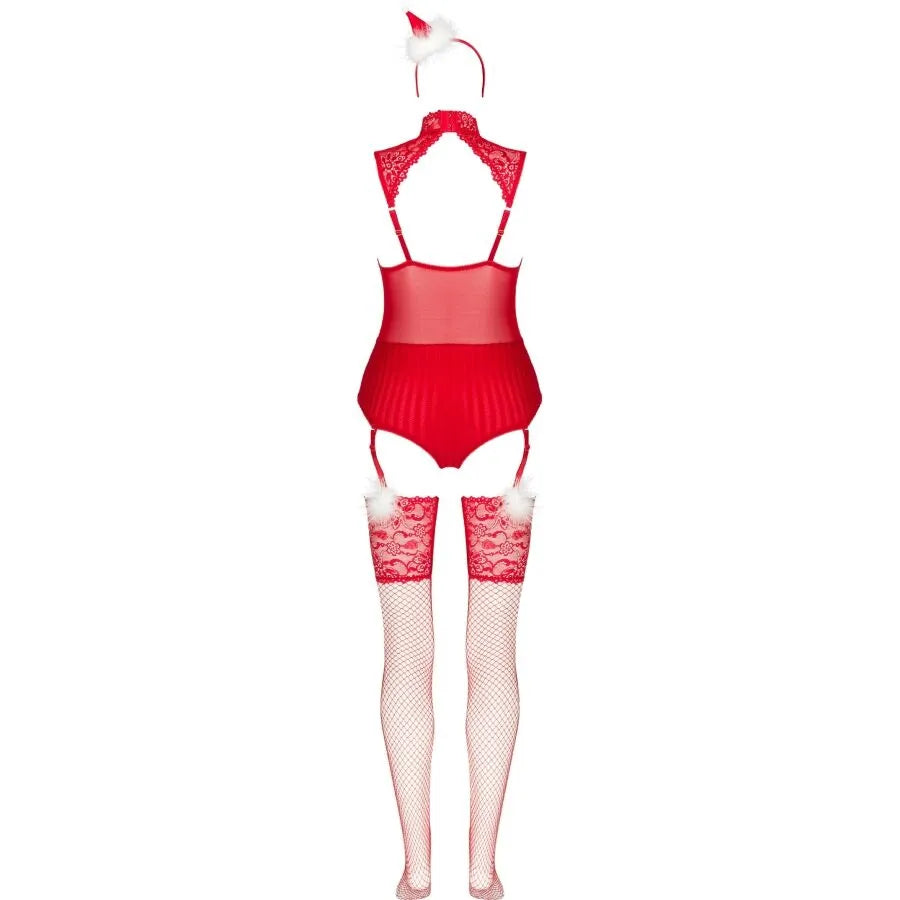 lingerie érotique Noël corsetti body bas résille bandeau bonnet fourrure blanche rouge vif jarretelles bretelles ajustables extensible sensuelle