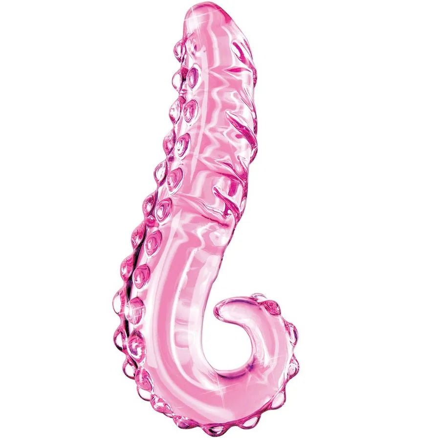 Dildo en verre rose courbé avec nodules texturés, design ergonomique pour stimulation, matériau hypoallergénique.