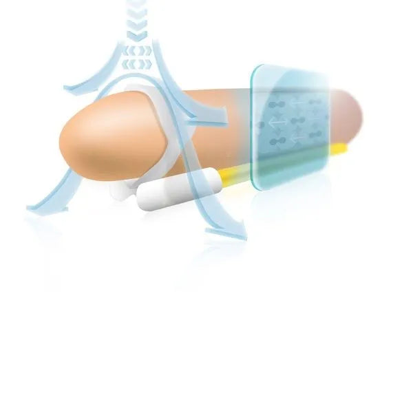 Appareil Andropenis Mini, extenseur médical blanc et jaune pour agrandissement pénis, vue latérale sur fond blanc.