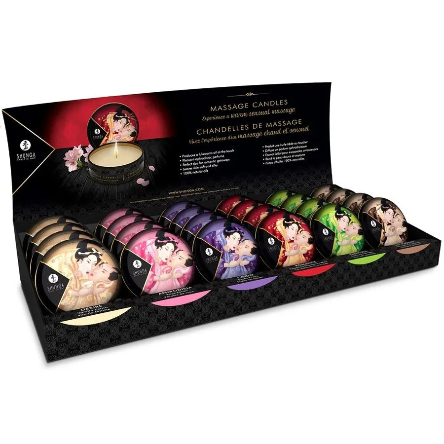 Bougies massage Shunga en boîte, arômes chocolat, vanille, thé vert, 24 unités, design japonais, relaxation sensorielle.