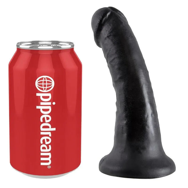 Gode réaliste noir 15.2cm avec ventouse, texture ultraréaliste, à côté d'une canette rouge pour comparaison de taille.